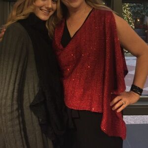 Red Knitted Sequined Poncho Top